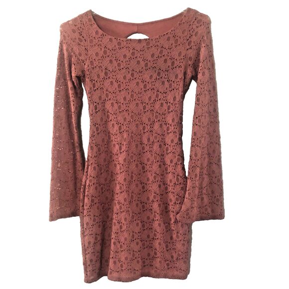 Moda Intl Dress Sm Mauve Pink Lacey Floral Cutout Back Keyhole Bell Sleeves Sexy - Picture 1 of 5